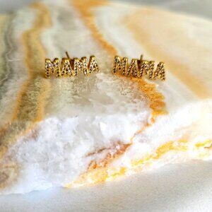Sparkling "Mama" Script Studs - Gold Tone - New Mom Gift